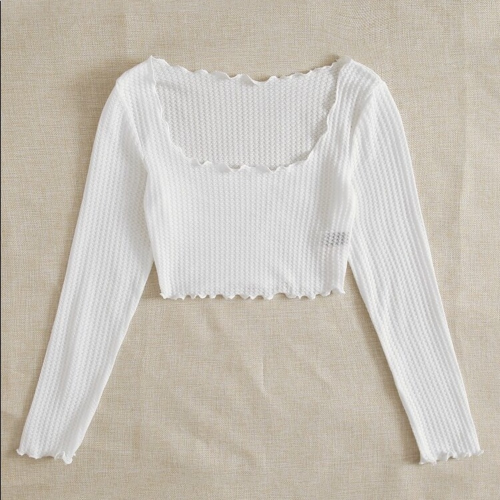 Scoop Neck Lettuce Trim Waffle Knit Top